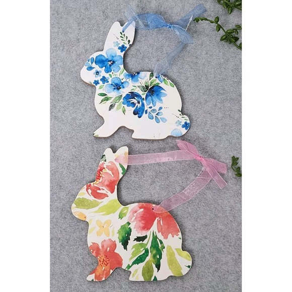 Easter Bunny Ornaments Rabbits Floral Tree Decor Blue Pink Set of‎ 2 Wooden 6" - Picture 1 of 7